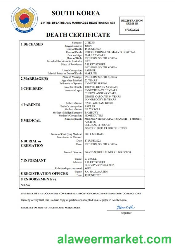 South Korea vital record death certificate Word and PDF template